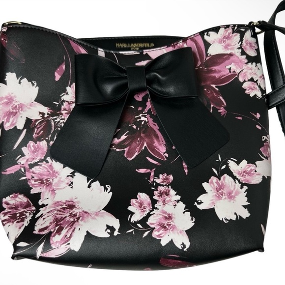 Karl Lagerfeld Paris Crossbody Black Pink Floral Berry Tote Bag Purse NWOT